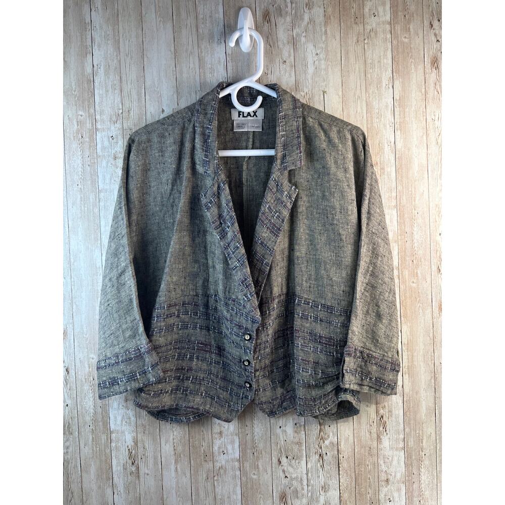 Flax Blazer Jacket Womens S Black Ivory100%‎ Linen Woven Lagenlook Button Up